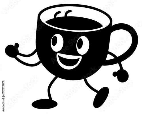 Happy cartoon coffee cup character walking with arms and legs