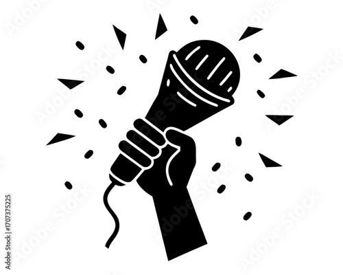 A hand holding a microphone with radiating lines and dots