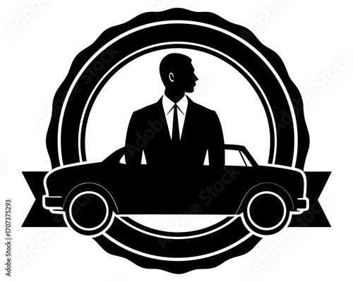 Silhouette of a man in a suit standing behind a classic car in a circular emblem