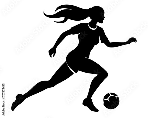 Silhouette of a female soccer player dribbling a ball