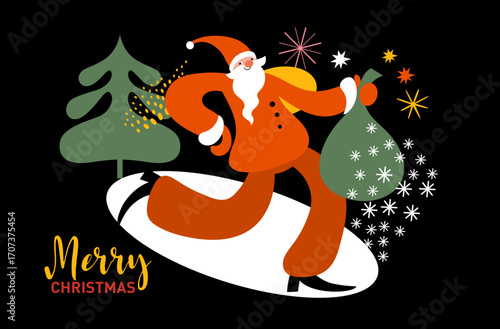 Christmas card, Santa Claus with gifts, xmas illustration
