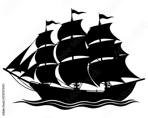 Silhouette of a majestic threemasted sailing ship on wavy water