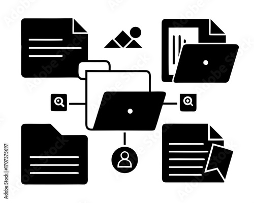 Digital file management system with folders, documents, and search icons