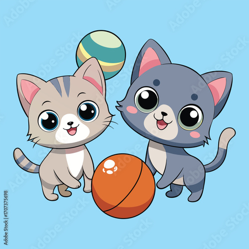 Cute vector cartoon illustration of two cat playing with a ball 