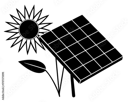 Solar panel with a sun and leaf, representing renewable energy