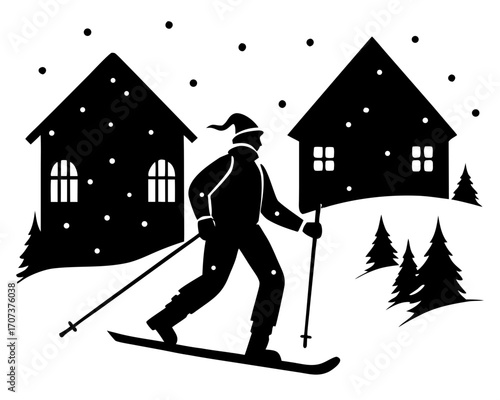 Silhouette of a person crosscountry skiing past houses in a snowy landscape