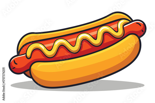 Hot dog with mustard drizzle on white background sausage