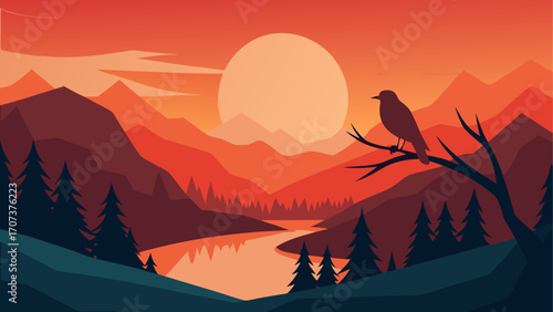 Lone bird perched on a branch overlooking a serene mountain landscape at sunset