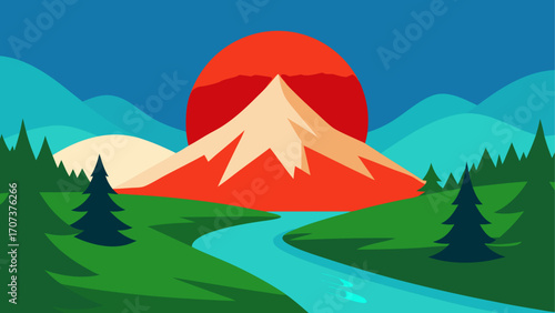 Vibrant mountain landscape with a bright sun and winding river