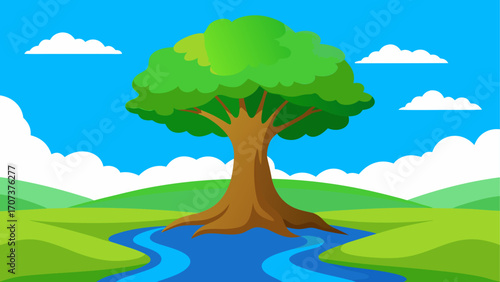 A lush green tree beside a winding blue river under a bright sky