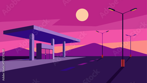 Retro gas station under a vibrant sunset sky