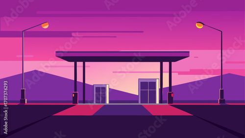Retro gas station under a vibrant sunset sky
