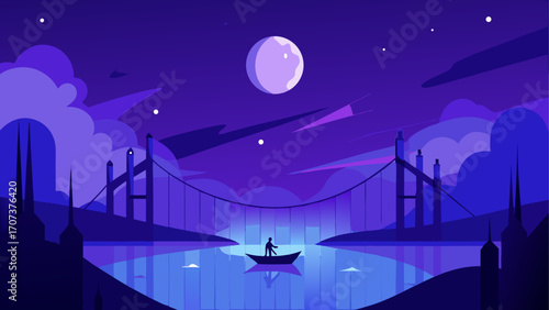 Lone figure in boat under a full moon and bridge