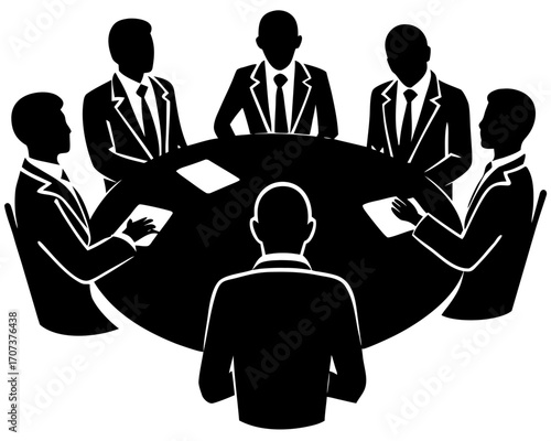 Business meeting around a round table, silhouette style