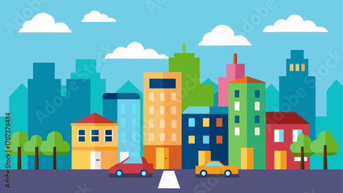 Colorful flat design cityscape with buildings and cars
