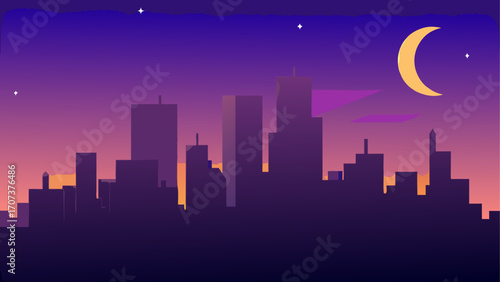 Vibrant cityscape silhouette under a twilight sky with crescent moon