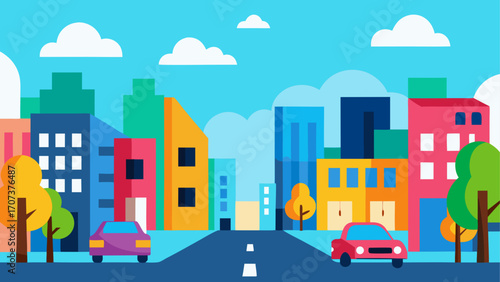 Colorful flat design cityscape with cars and buildings