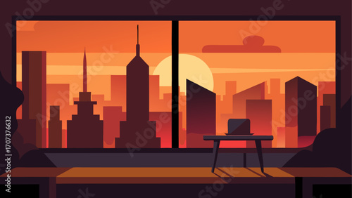 Cityscape silhouette at sunset with laptop on table