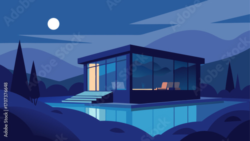 Modern glass house illuminated by moonlight and pool reflections
