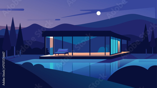 Modern glass house by a pool at dusk