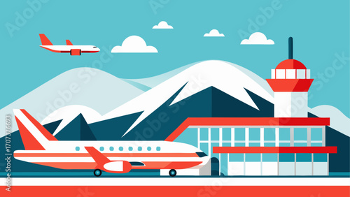 Modern airport terminal with airplanes and mountain backdrop