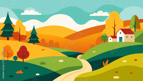 Stylized autumn landscape with rolling hills and houses