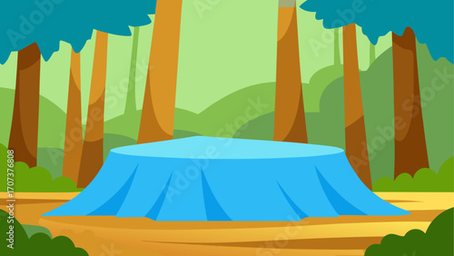 Cartoon forest scene with a blue covered object