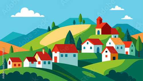 Colorful village nestled in rolling hills under a blue sky