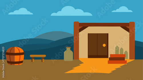 Rustic building entrance with barrel and bottle in a hilly landscape