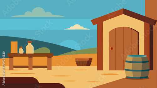 Rustic farmhouse scene with bottles and barrel