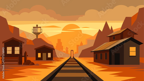 Desert town railroad sunset landscape