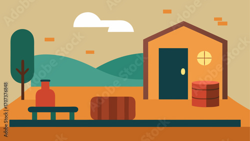 Flat illustration of a rustic scene with a house and tree