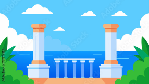 Ancient greek columns by the ocean with lush greenery and clouds