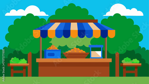 Outdoor market stall with fresh produce and blue canopy