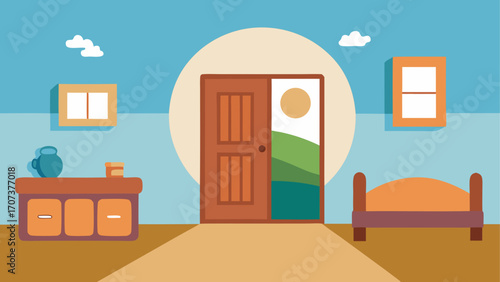 Cozy room interior with open door to a sunny landscape