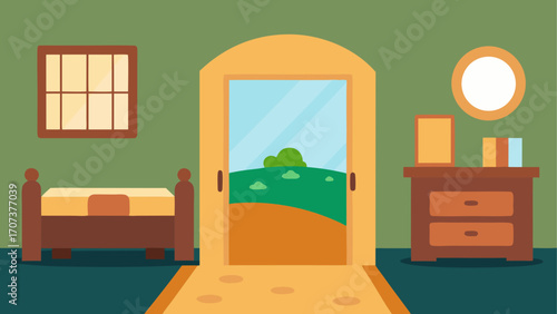 Cozy bedroom opens to a sunny outdoor landscape