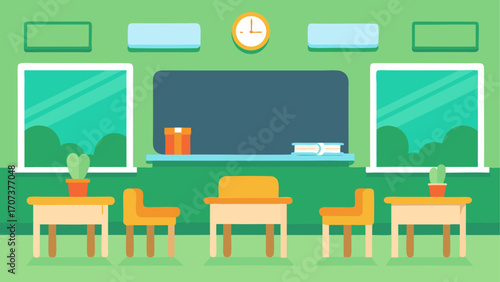 A cheerful and colorful classroom scene with desks and windows