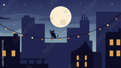 Black cat sits on a wire under a full moon in a city at night
