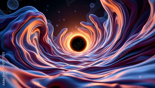 Abstract holographic fluid waves curving into a glowing black hole center, dark background.