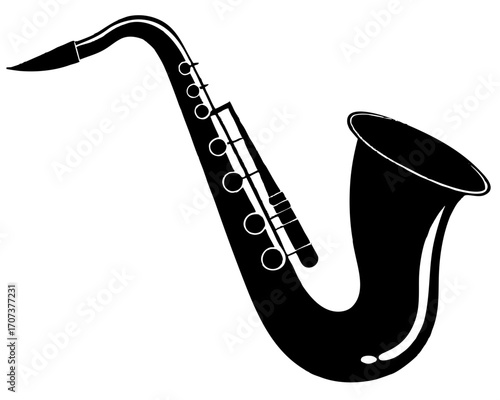 Black silhouette of a saxophone, a brass musical instrument