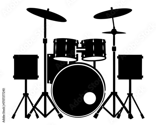 Black silhouette of a drum kit with bass drum, snare, toms, and cymbals