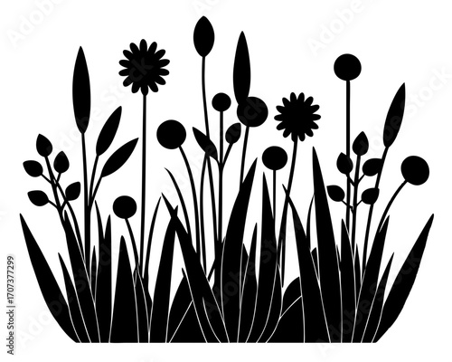 Black silhouette of various wildflowers and grasses