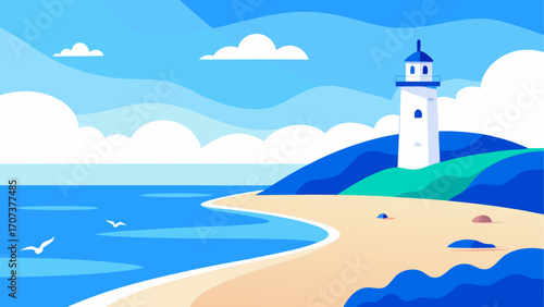 Stylized lighthouse on a coastal hill overlooking a blue ocean