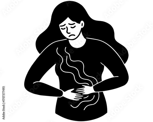 Illustration of a woman holding her stomach in pain, symbolizing abdominal discomfort or illness