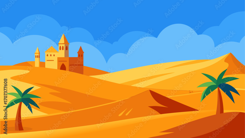 Obraz premium Desert oasis with castle and palm trees under blue sky