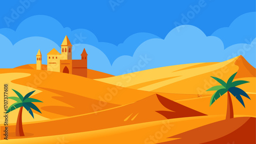 Desert oasis with castle and palm trees under blue sky