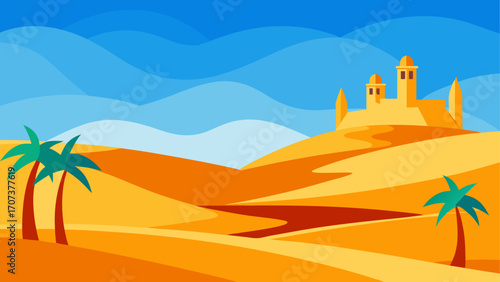 Stylized desert landscape with oasis and castle