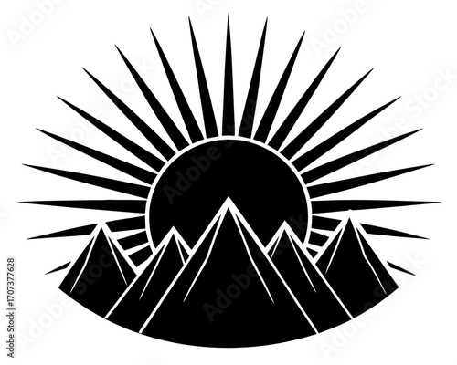 Black silhouette of a sun rising over pyramids