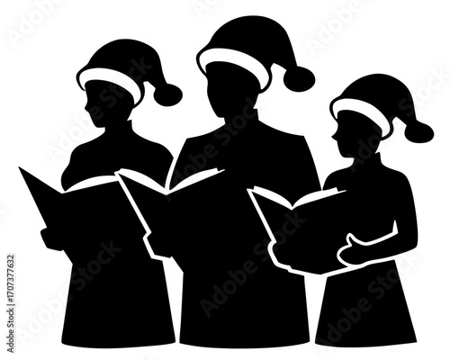 Three people in santa hats singing from books