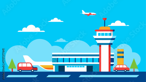 Modern airport scene with airplanes and buildings